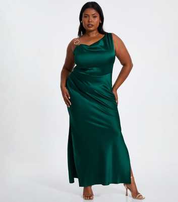 QUIZ Curves Dark Green Cowl Satin Maxi Dress