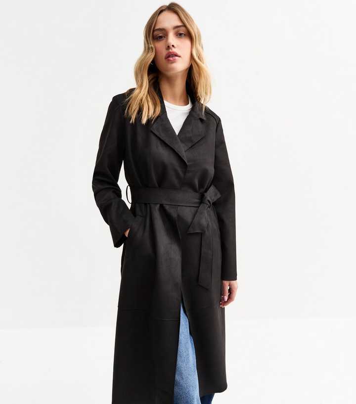 Black Unlined Belted Faux Suede Jacket