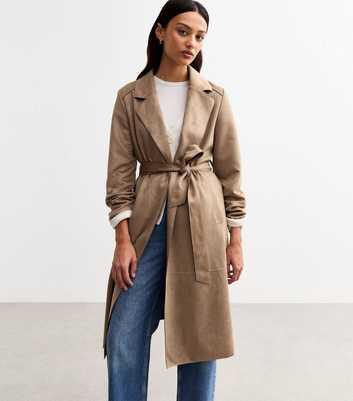 Tan Unlined Belted Faux Suede Jacket