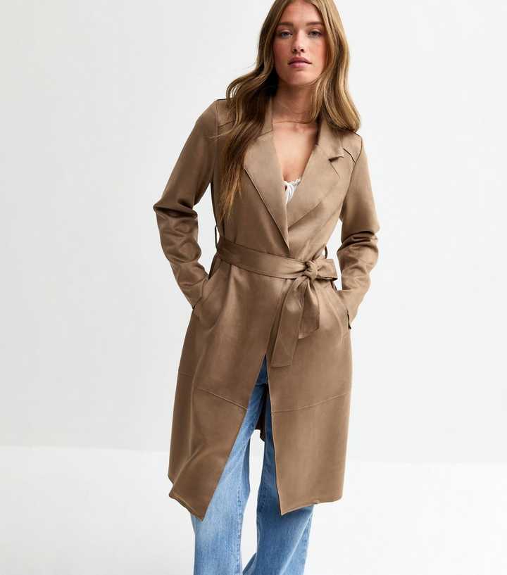 Tan Unlined Belted Faux Suede Jacket