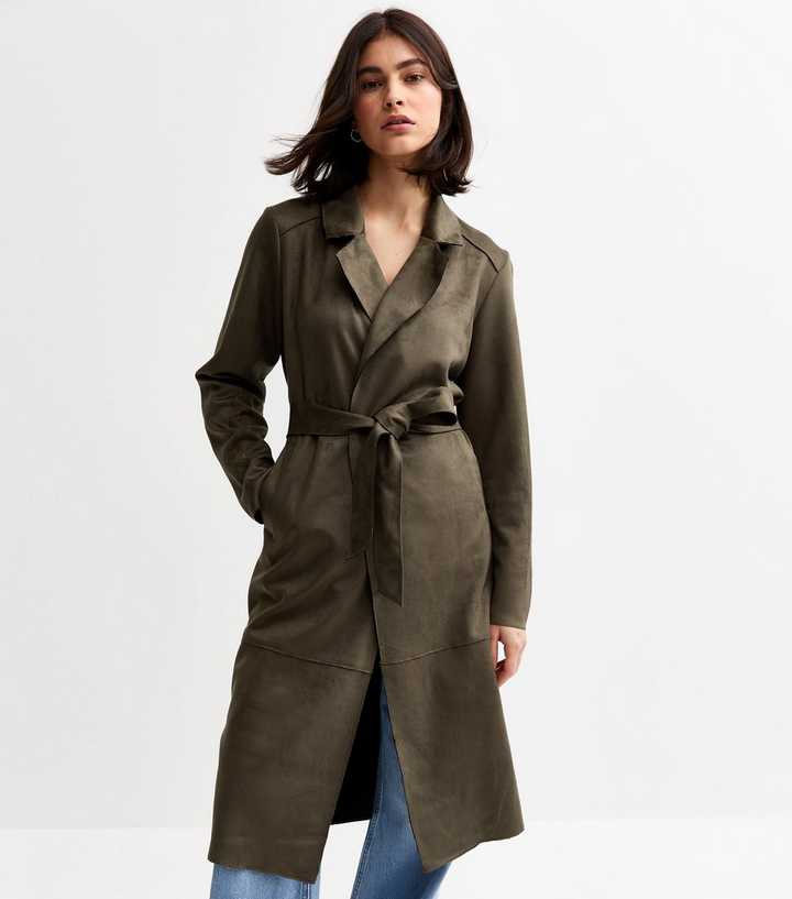 Khaki Unlined Belted Faux Suede Jacket