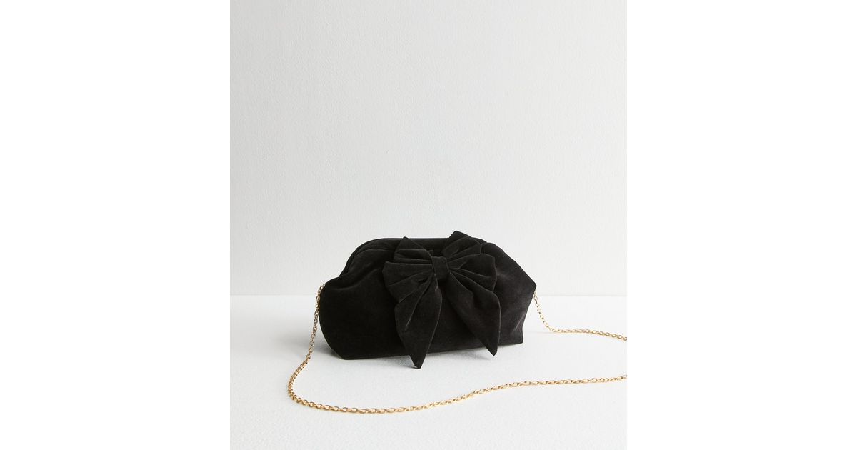 Black Bow Velvet Clutch Bag New Look