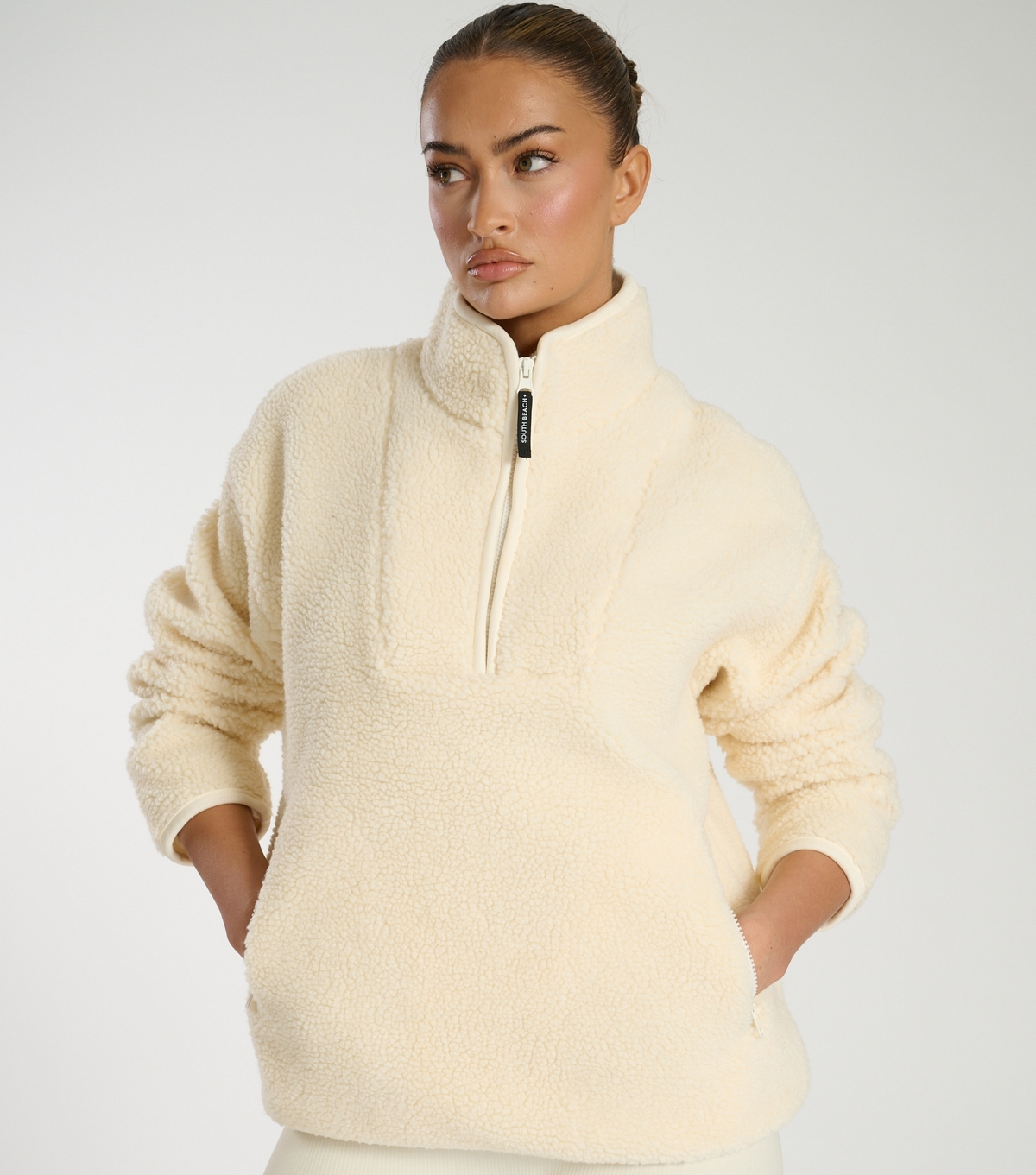South Beach Women's Cream Borg Quarter Zip Jacket In | Size: 2XL - Image 4
