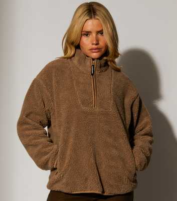 South Beach Light Brown Quarter Zip Borg Jacket