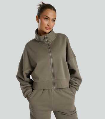 South Beach Khaki Cropped Zip Up Sweatshirt