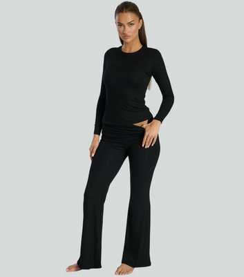 South Beach Black Rib Jersey Fold Over Flared Trousers