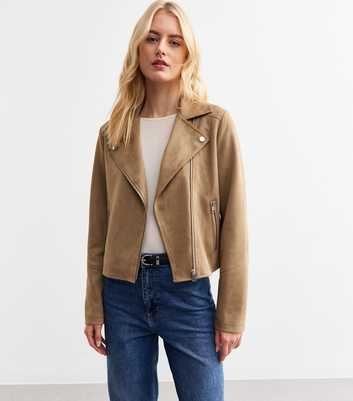 Tall Camel Faux Suede Biker Jacket 