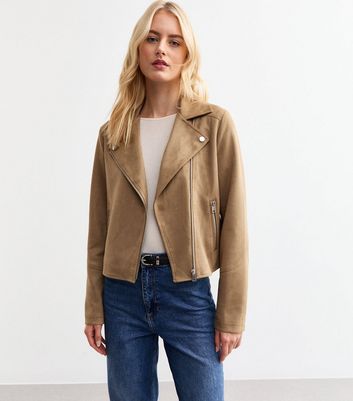 Tall Camel Faux Suede Biker Jacket New Look