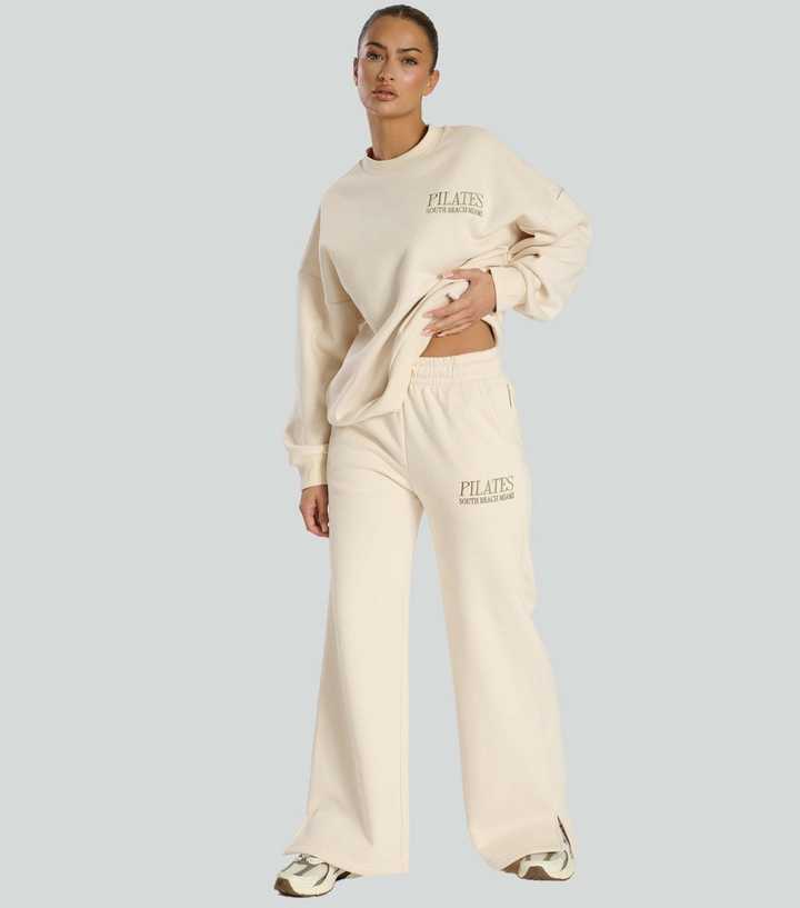 South Beach Cream Borg Fleece Lined Pilates Wide Leg Joggers