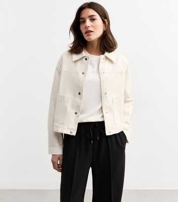 White Cotton Button Up Twill Shacket