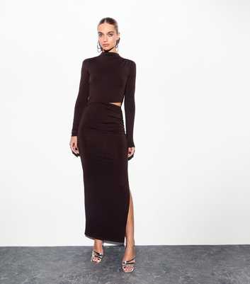 Brown Cut Out Long Sleeve Maxi Dress