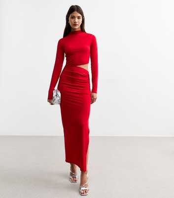 Red Cut Out Long Sleeve Maxi Dress