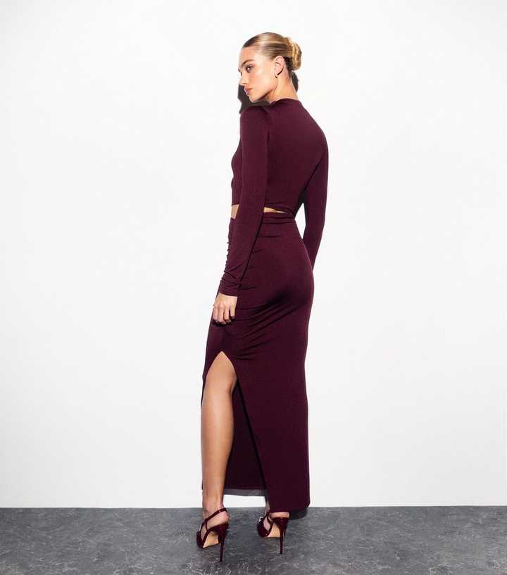 princess polly baby blue dress ASOS DESIGN satin maxi dress with blouson sleeve and high neck detail in  burgundy