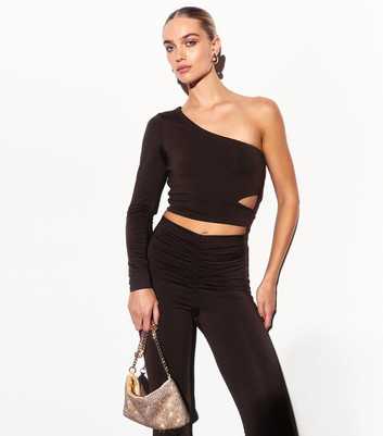 Brown One Shoulder Long Sleeve Crop Top 