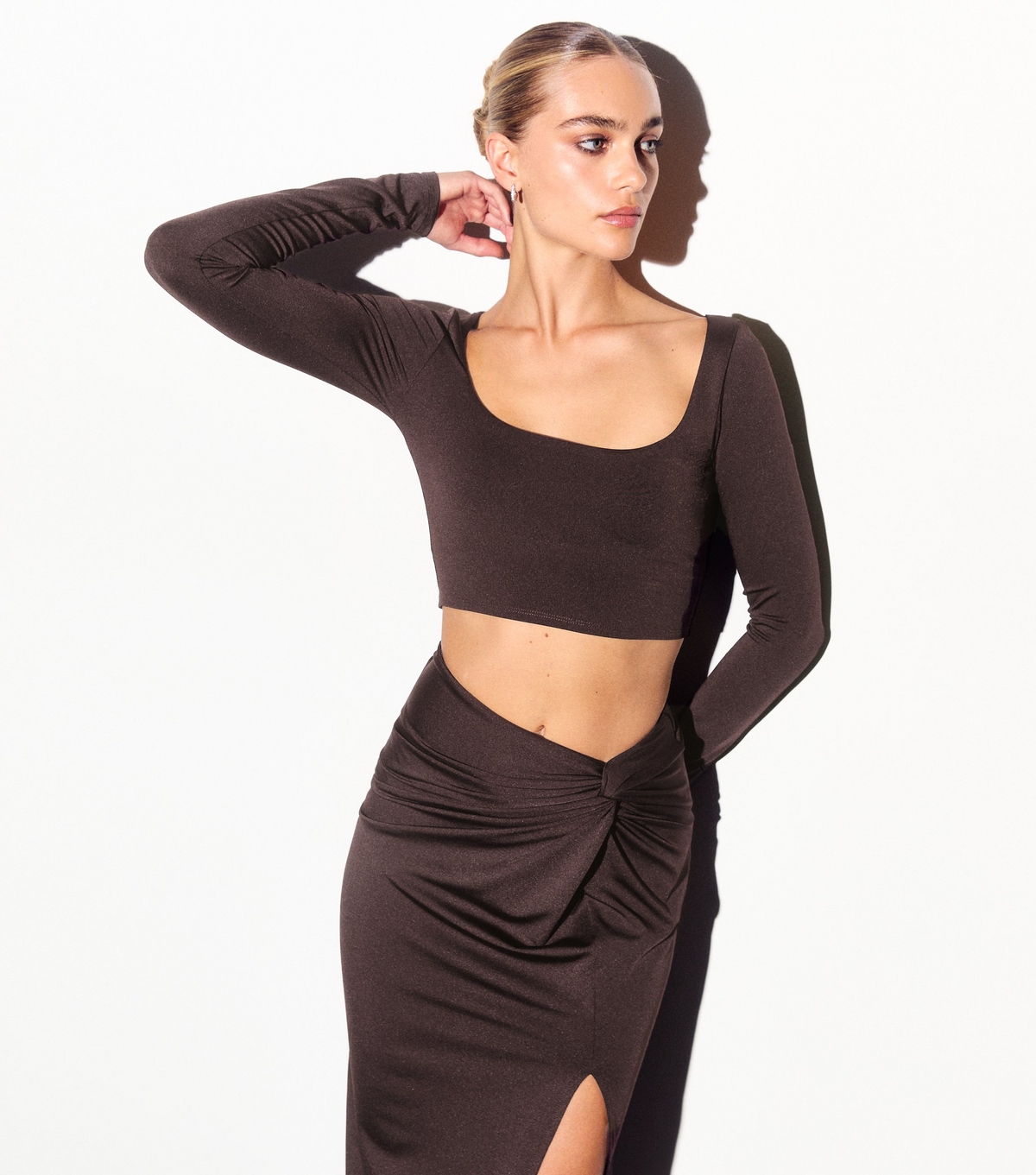 Women's Brown Scoop Long Sleeve Crop Top New Look