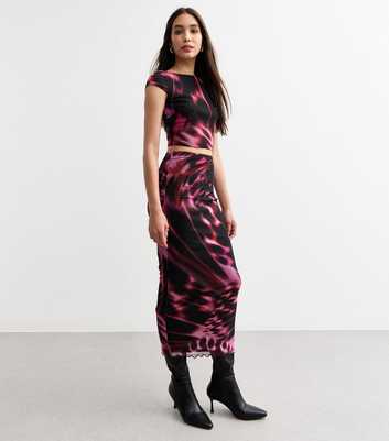 Pink Abstract Print Mesh Midi Skirt