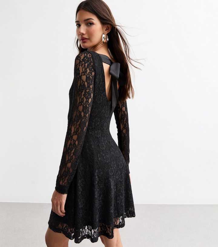 Skater Dress New Look Short Dresses Black Floral Lace Tie Detail