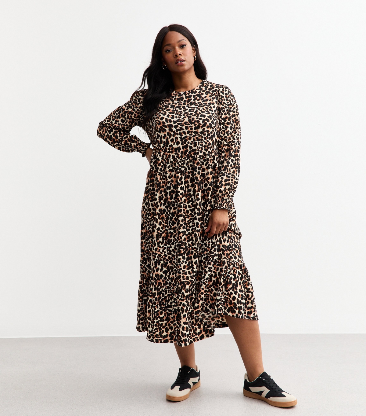 Women's Plus Size Brown Jersey Leopard Print Midi Dress Curves New Look