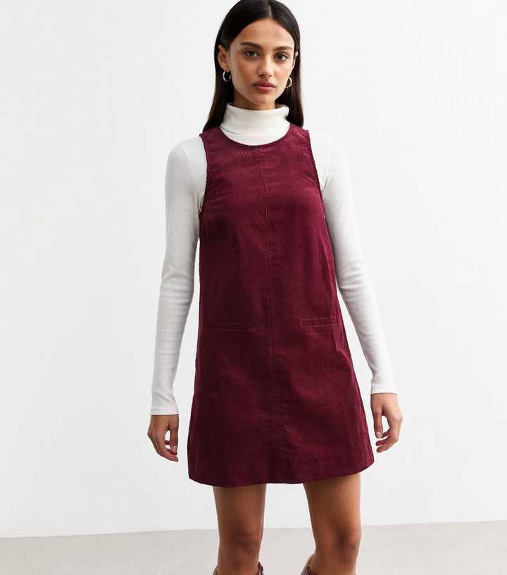 Burgundy Cotton Corduroy Pinafore Dress | New Look