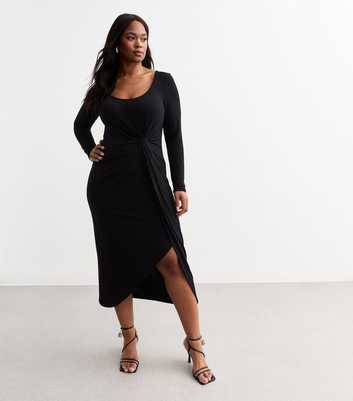 Curves Black Ribbed Knot Front Long Sleeve Dress