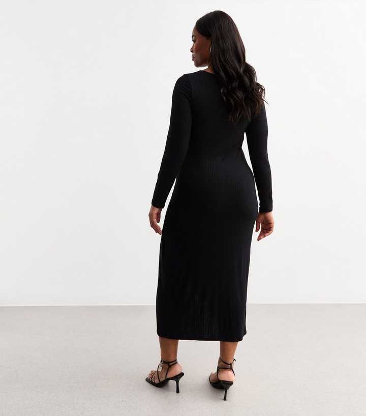 Curves Black Ribbed Knot Front Long Sleeve Dress | New Look