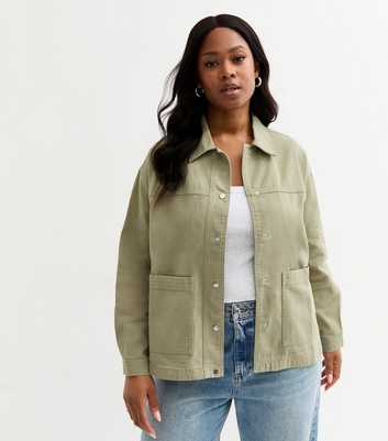 Curves Olive Cotton Button Up Shacket