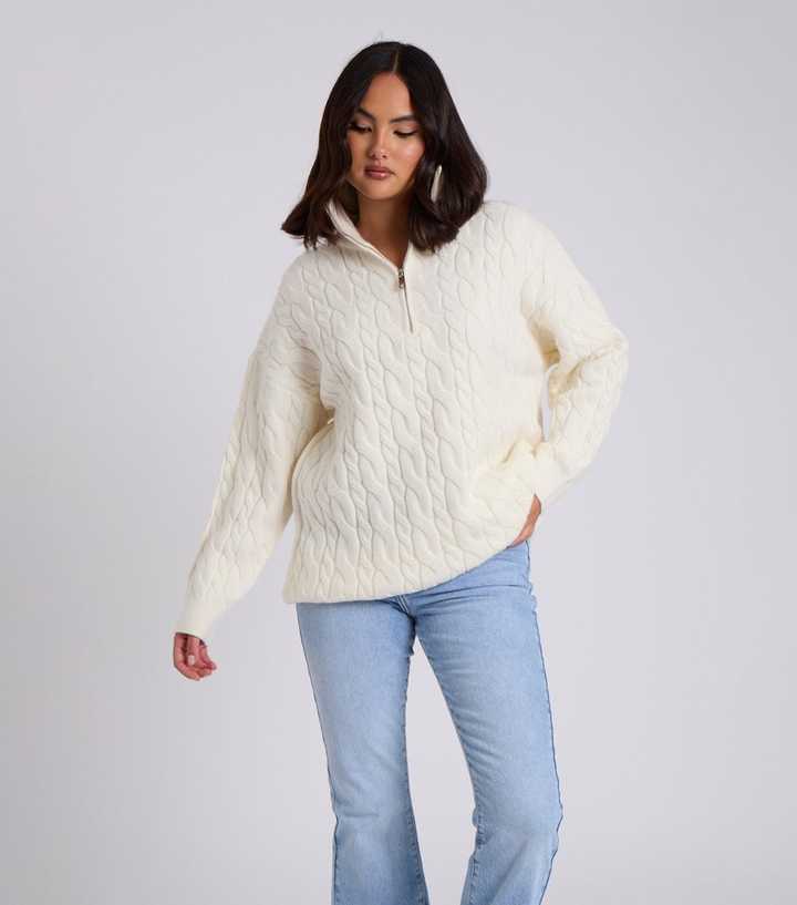 Urban Bliss Cream Cable Knit Quarter Zip Jumper New Look