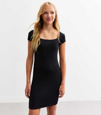 Girls Black Cap Sleeve Stretch Jersey Dress