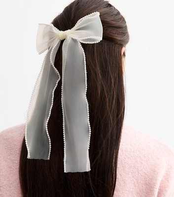 Cream Organza Faux Pearl Trim Bow Hair Slide