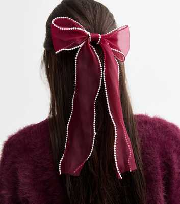 Burgundy Organza Faux Pearl Trim Bow Hair Slide