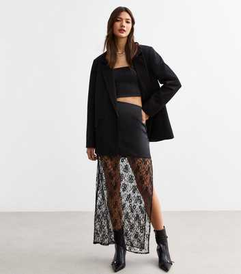 Black Lace Trimmed Satin Midi Skirt