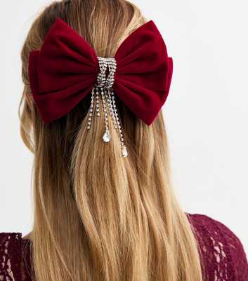 Dark Red Velvet Diamanté Tassel Bow Hair Slide