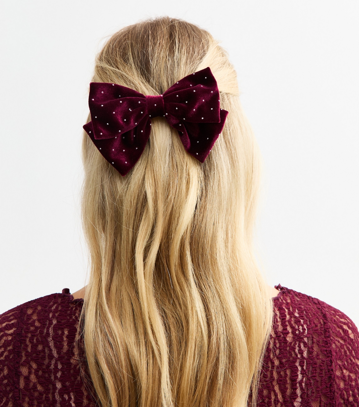 Burgundy Velvet Diamanté Embellished Bow Hair Slide New Look