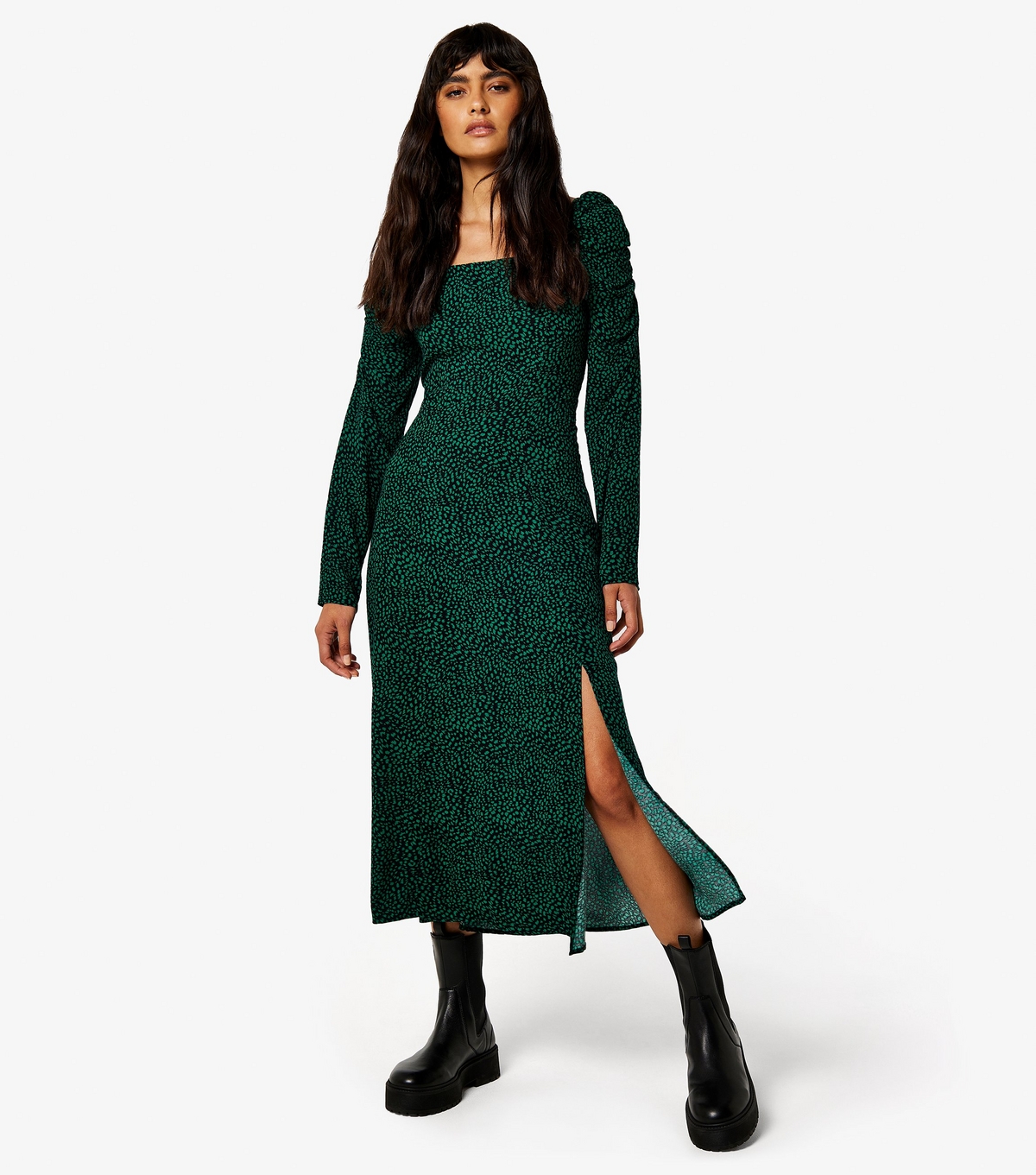 Women's Green Smudge Print Ruched Side Split Hem Midi Dress Apricot New Look