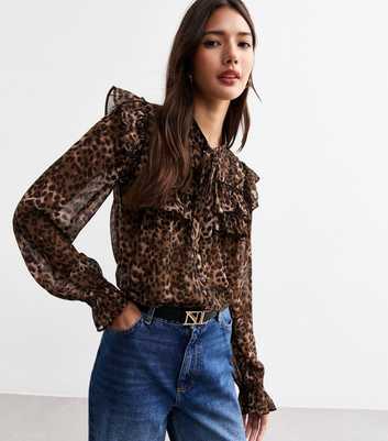 Brown Leopard Print Ruffle Bib Blouse