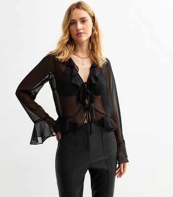 Black Ruffle Trim Tie Up Sheer Chiffon Blouse