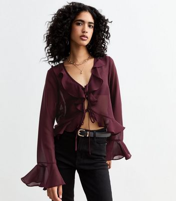 Burgundy Ruffle Trim Tie Up Sheer Chiffon Blouse New Look