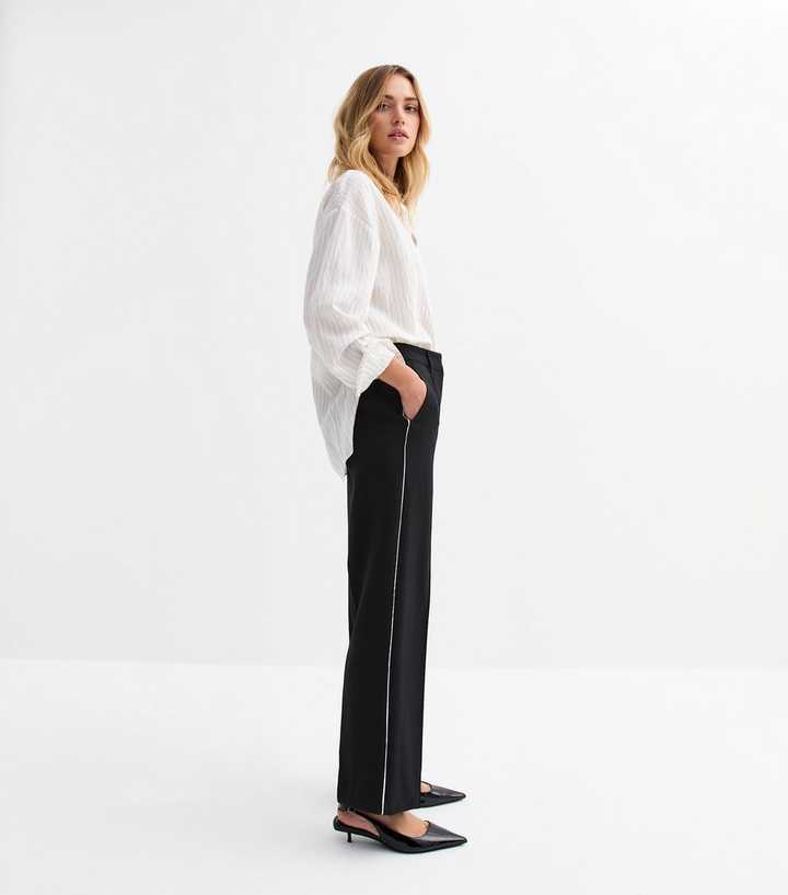 Black Tailored Contrast Piping Straight Leg Trousers
