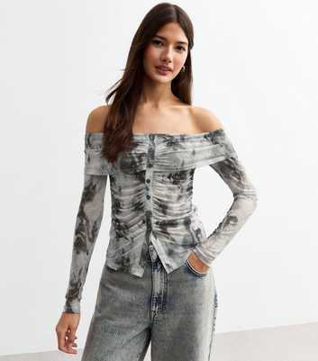 Grey Tie Dye Print Off The Shoulder Mesh Top