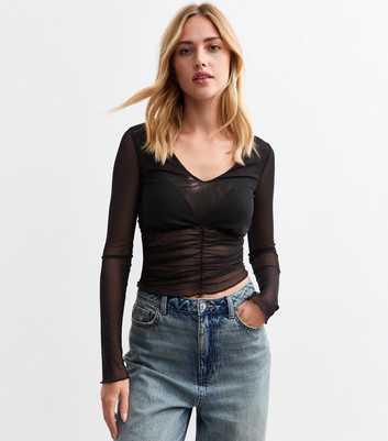 Black Ruched V-Neckline Mesh Top