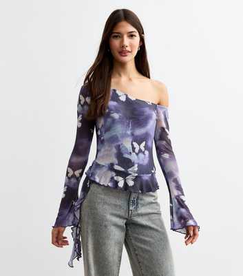 Purple Butterfly Print One Shoulder Mesh Top