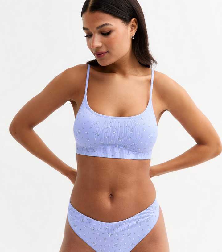 Blue Ditsy Floral Rib Bralette New Look