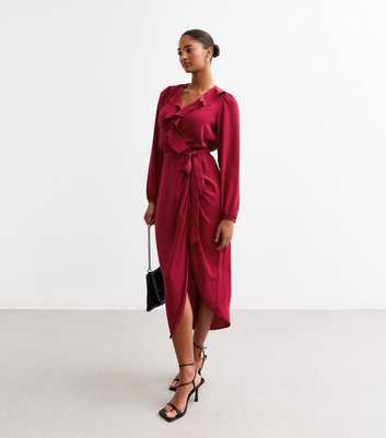 Red Ruffle Trim Belted Midi Dress