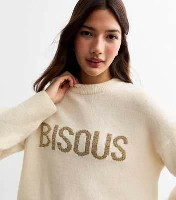 Cream Bisous Slogan Knitted Jumper