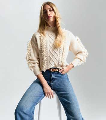 Cream Fringe Trim Cable Knit Jumper