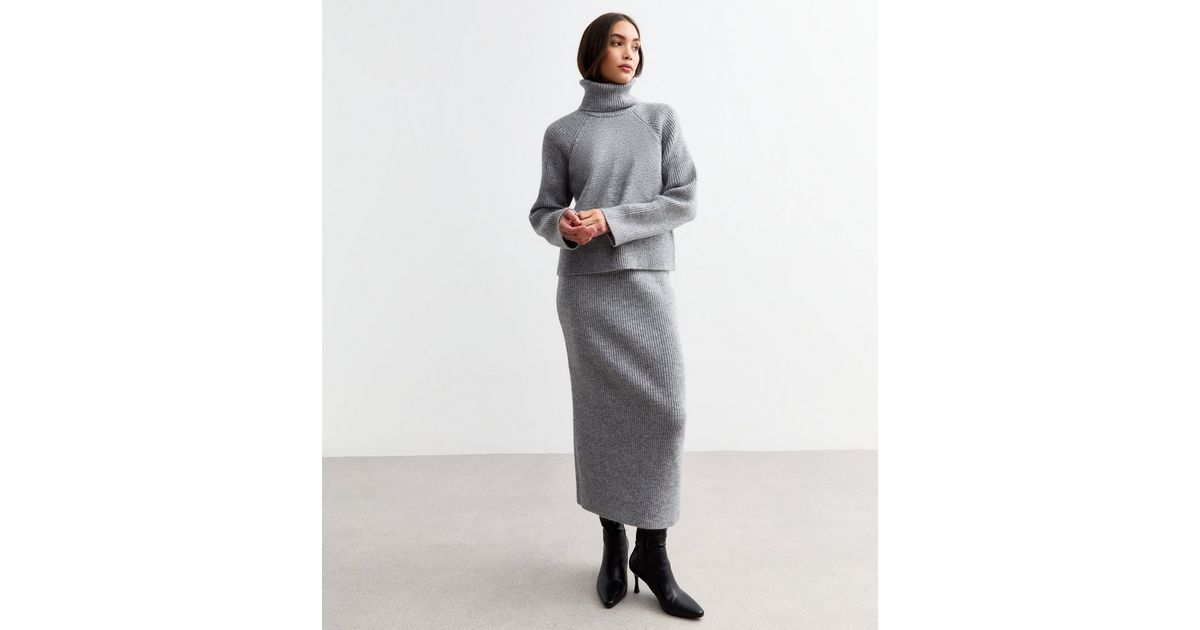 Grey Rib Contrast Piping Top Midi Skirt Co-Ord - Ibbie