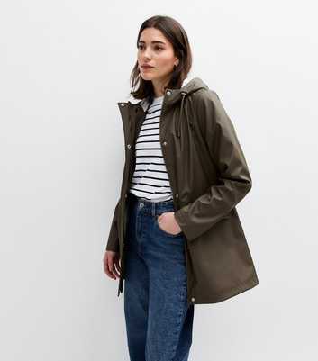 Khaki Green Unlined Shower Resistant Rain Coat 