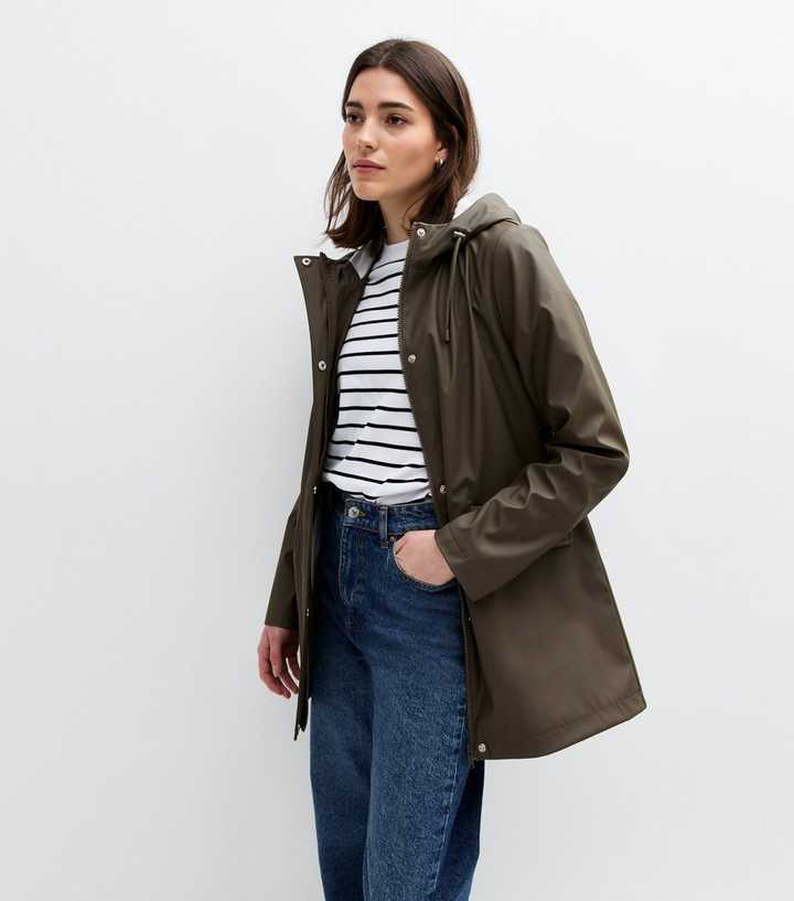 Khaki Green Unlined Shower Resistant Rain Coat 