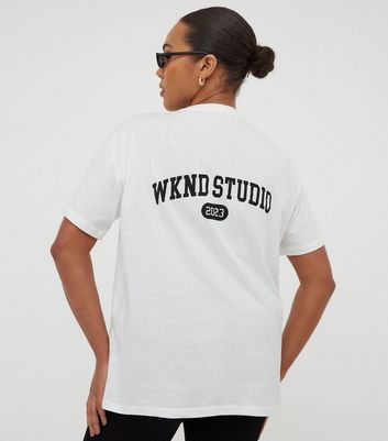 WKNDGIRL Off White Back Logo Print Oversized T-Shirt