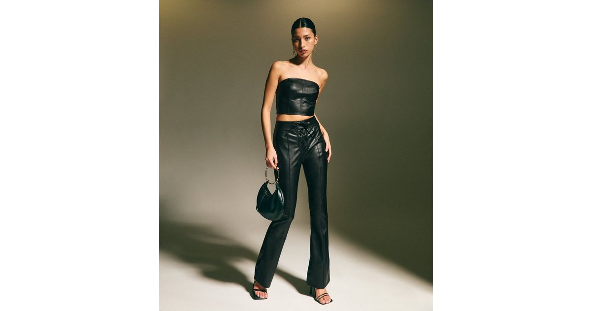Visual Kei Lace-Up Faux Leather Flare Trousers with Eyelets